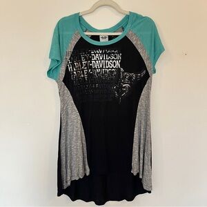 Harley Davidson Top Swing Tunic Large Black Teal Silver T-Shirt Stripe Wings Hog